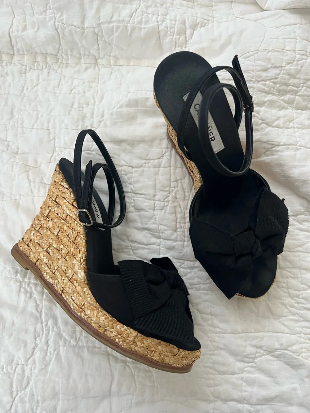 Castaner Black Bow Espadrille Wedge Sandals with Natural Raffia Heel